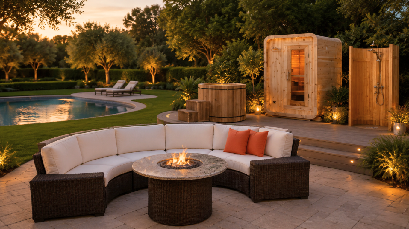 in a beautiful outdoor pool area a cube sauna a shower barrel, cold plunge, chaise lounges beside the pool and a sectional set with a fire table in front of the furniture.