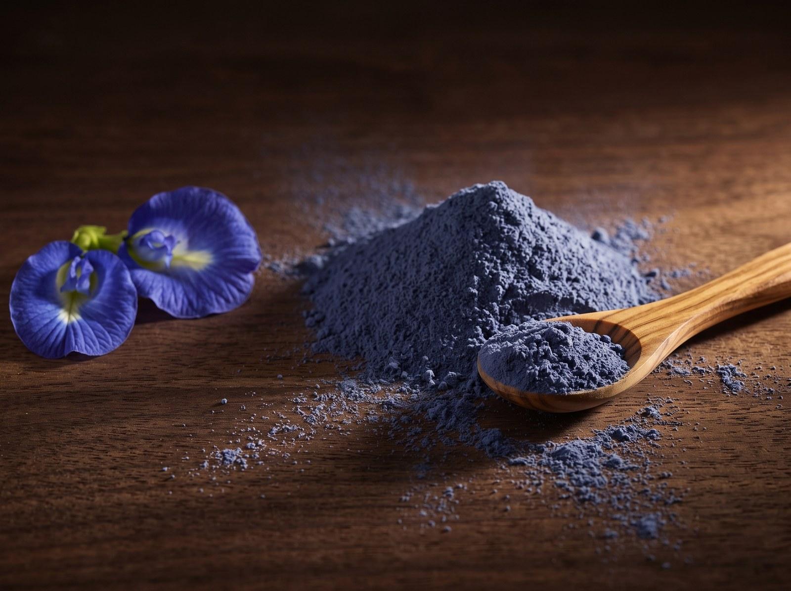 Fine, deep blue freeze-dried butterfly pea flower powder with a wooden spoon