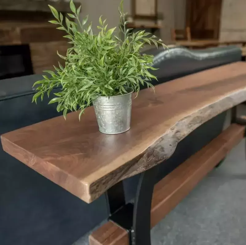 live edge walnut console table with beam