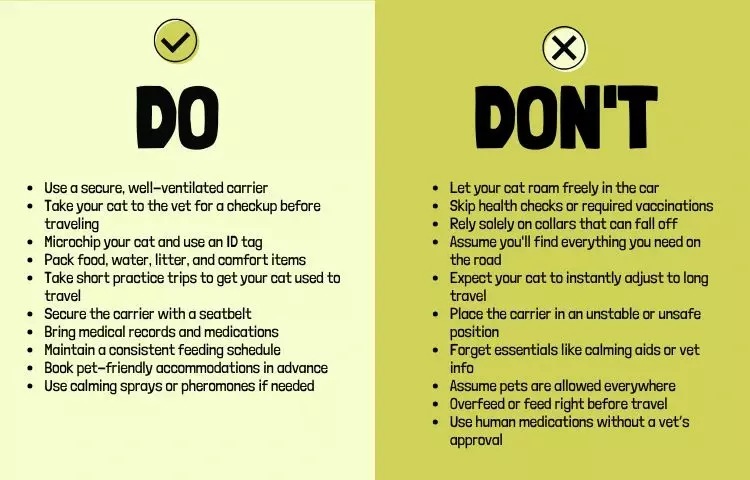dos and don'ts table for traveling with a cat