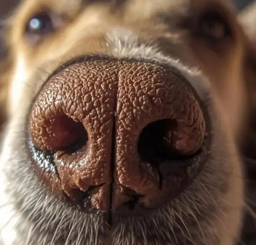 Close-up of a dog's crusty nose, highlighting its texture and details.
