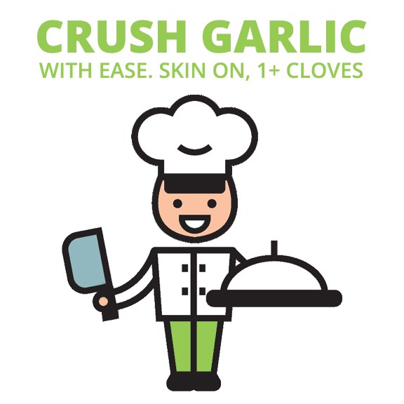 Crush garlic with ease. Skin on, 1+ cloves