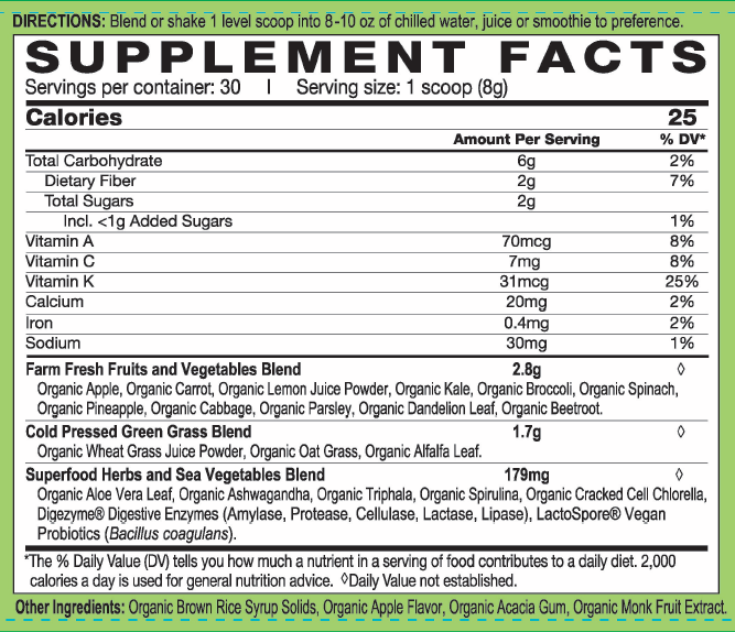 Nutritional label of the Organic Pressed Greens