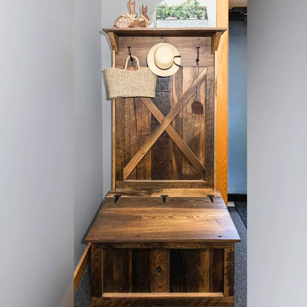 reclaimed wood coatrack bench