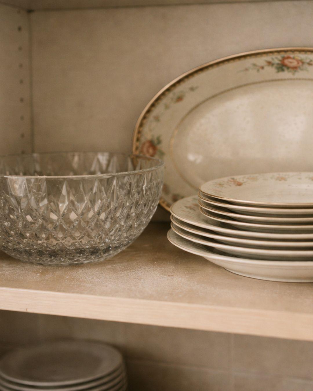 Kitchen cabinet shelf with unused wedding gifts including crystal bowl fine china and unopened appliances