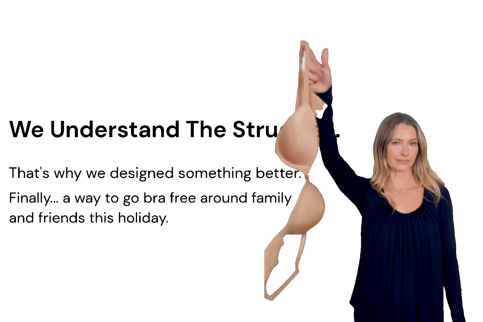 Woman shaking head no to wearing bras and dropping a bra