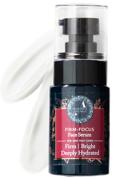 Image of Firm-Focus Face Serum and serum swatches on background