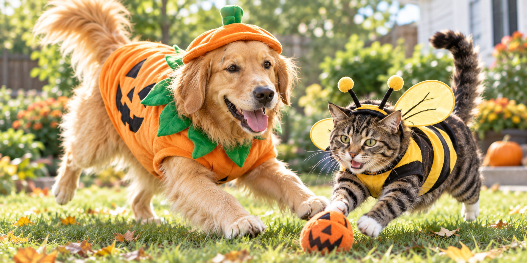 A happy golden retriever wearing a safe, comfortable, and lightweight pumpkin bandana costume indoors.