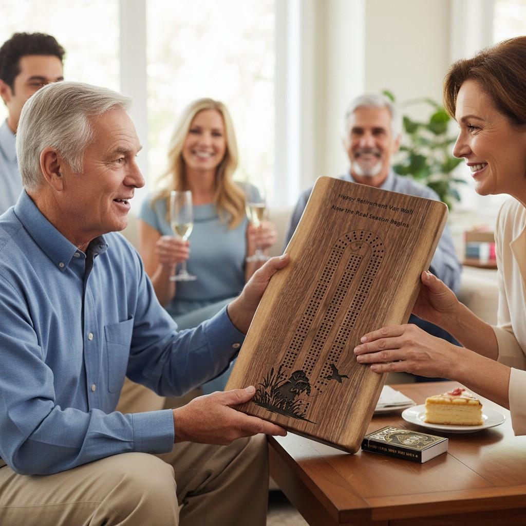 Friends giving a personalized live edge walnut crib board at a retirement party