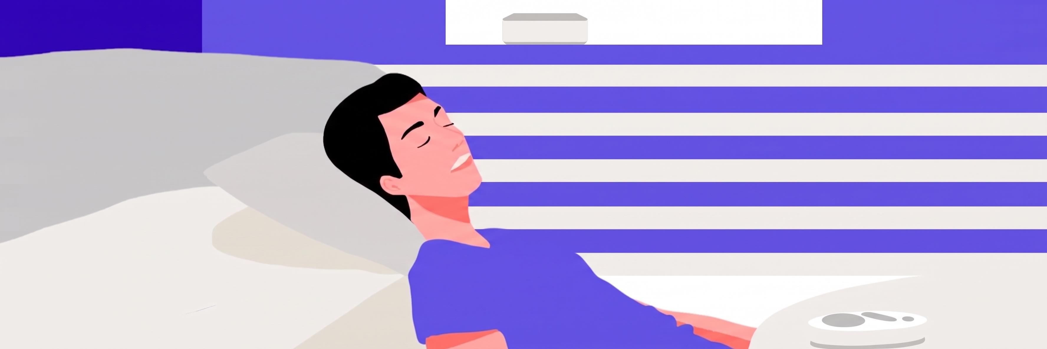 Man sleeping peacefully on a couch beside a Manta white noise machine on his nightstand, with striped window blinds behind him.