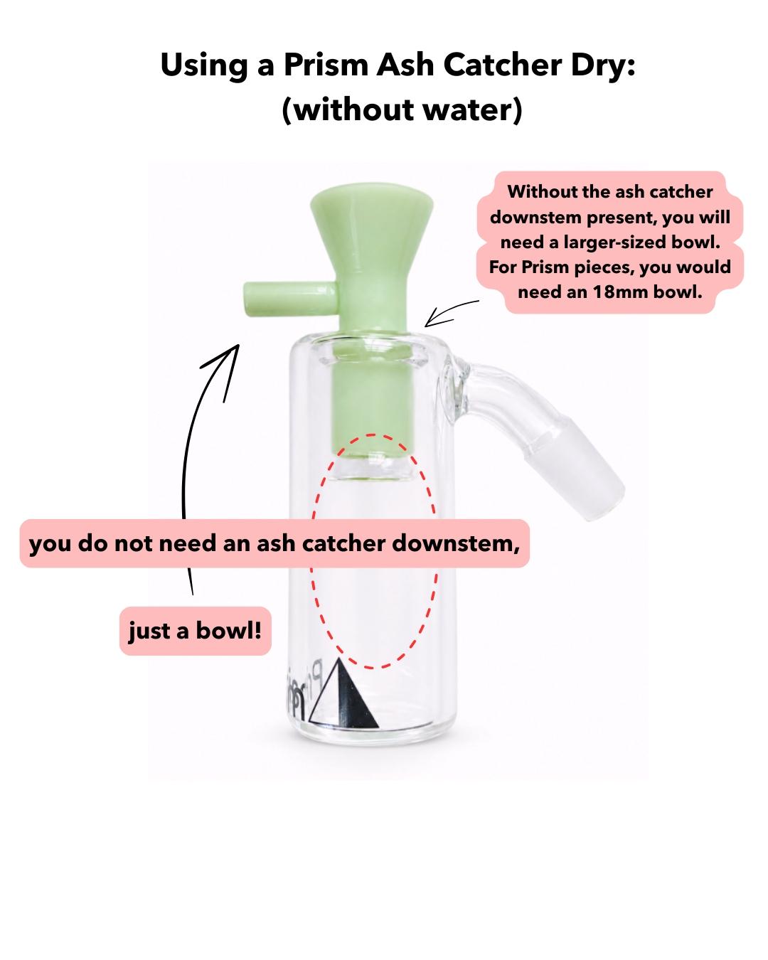 a diagram/infographic depicting how to use a Prism ash catcher dry without water