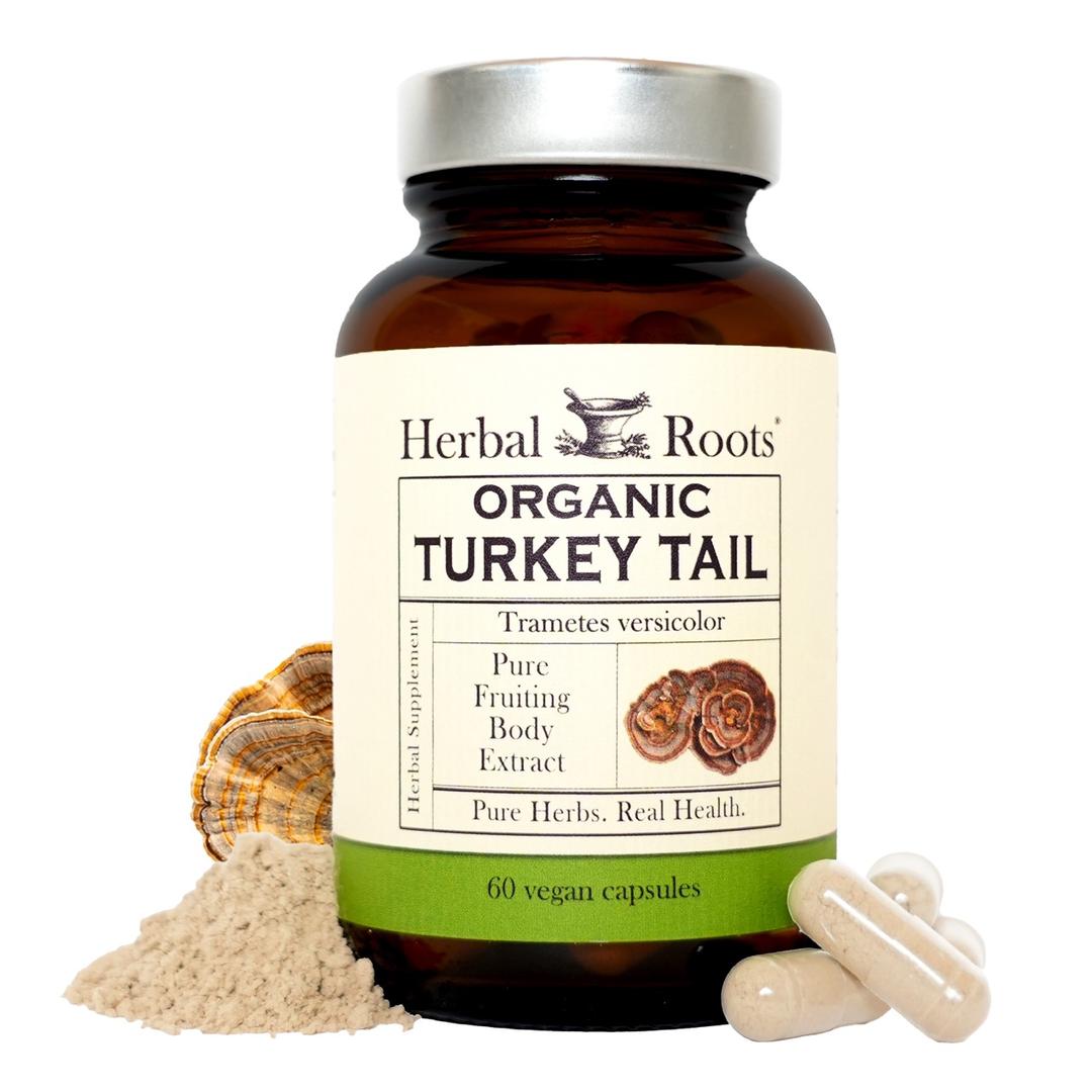 Bottle of Herbal Roots Organic Turkey Tail supplement