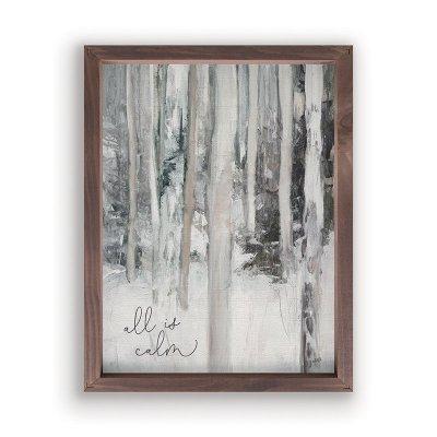 winter forest scene with "all is calm" in cursive