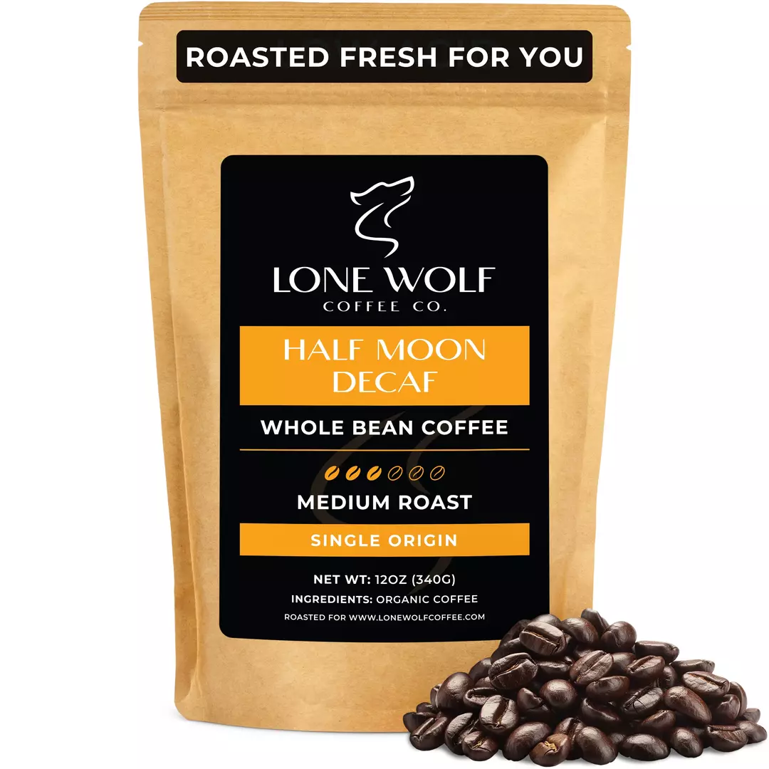 One 12oz bag of Lone Wolf Coffee’s Half Moon Decaf Medium Roast Whole Bean coffee bag product photo