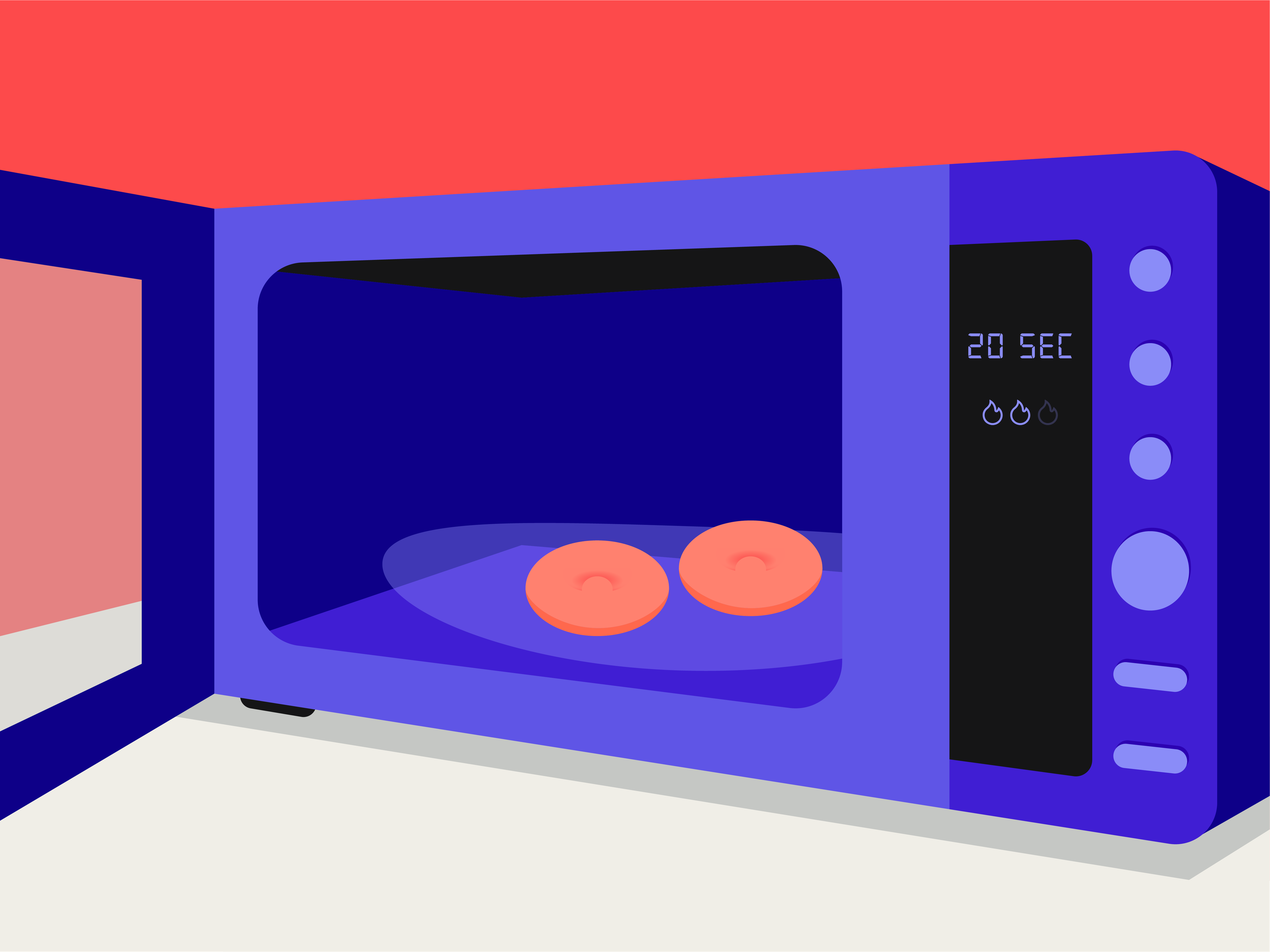 A pair of orange warming eye cups on a plate inside an open microwave with the timer indicating 20 seconds.