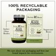 Bottle and box of Herbal Roots Organic black cohosh next to each other. Under the bottle and box says We care about our packaging and how our brand impacts the environment. There is a line coming from the left of the bottle that says Amber glass bottles. There is a line coming from the left of the box that says sugarcane boxes.