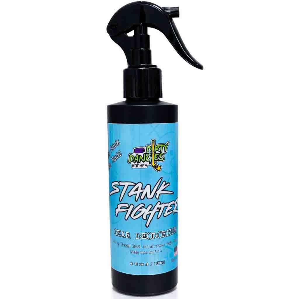 a bottle of Dirty Dangles Stank Fighter hockey gear deodorizer best seller on a white background