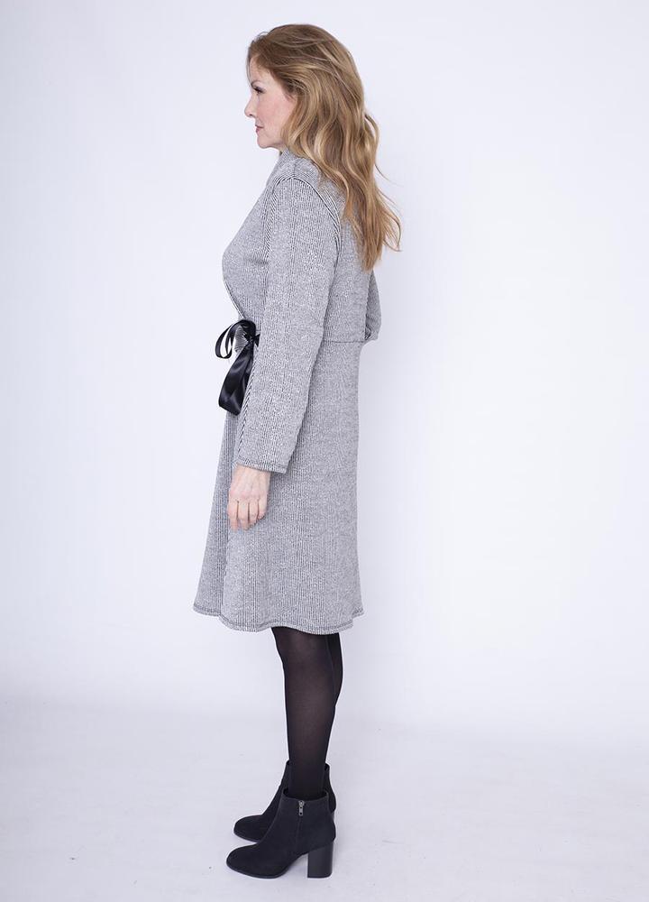 Cowl Neck Ribbon Belt Dress in Grey
