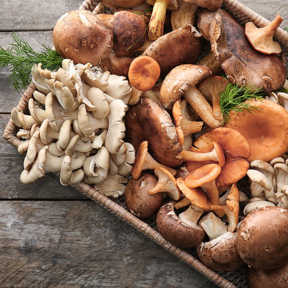 assorted mushrooms in basket on wood table