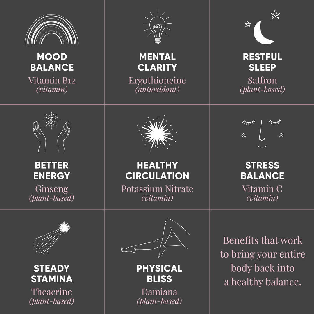 Benefits: Mood balance, mental clarity, restful sleep, better energy, healthy circulation, stress balance, steady stamina, physical bliss.