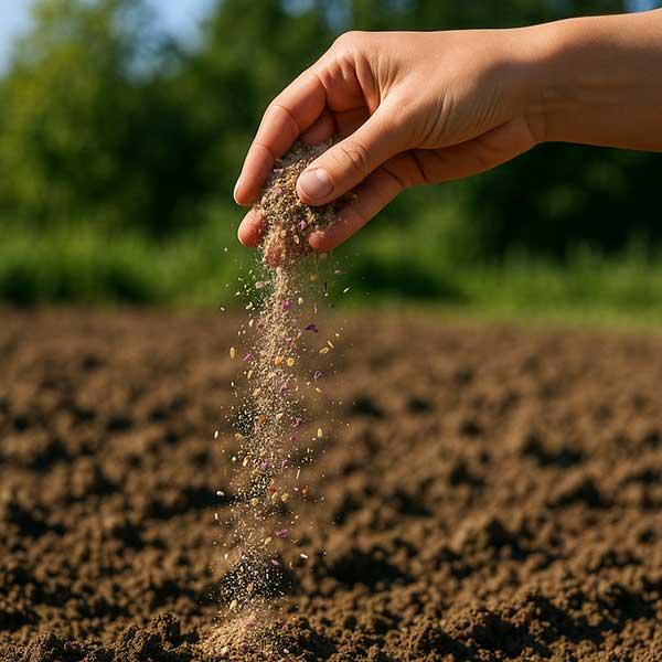 Sprinkling sand mixed with seeds on prepared soil