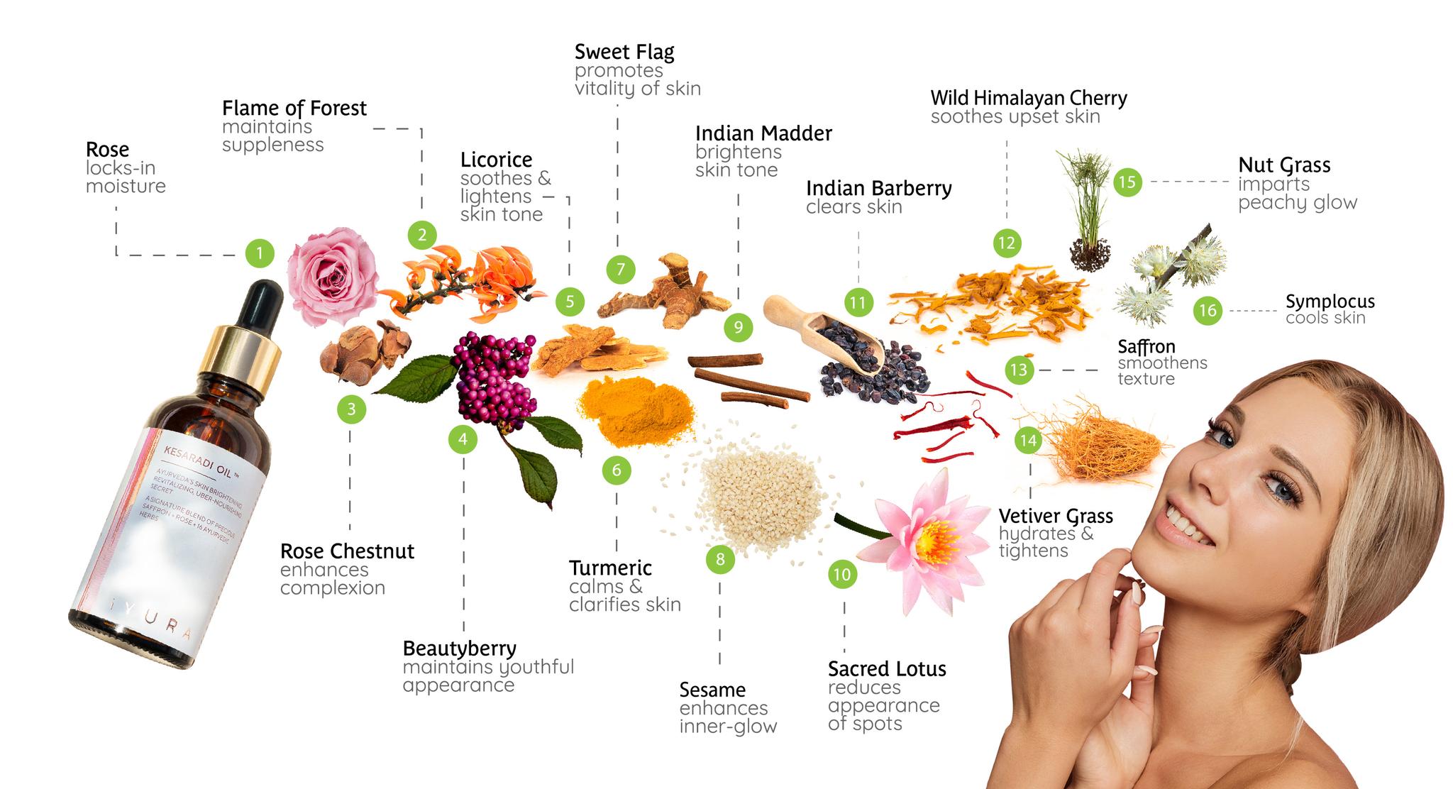 Kesaradi Oils 16 skin herbs & their respective benefits