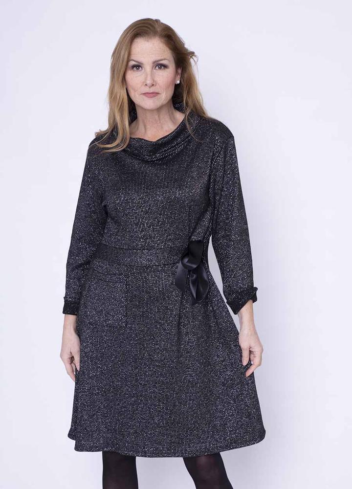 Cowl Neck Ribbon Belt Dress in Black