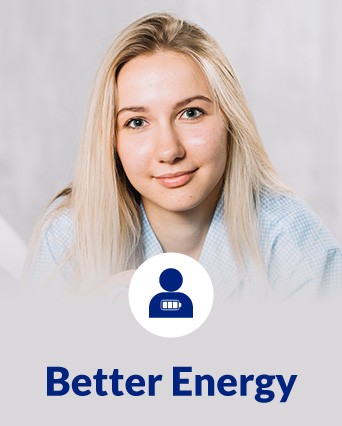 Portrait of a young woman with blonde hair, with 'Better Energy' text below.
