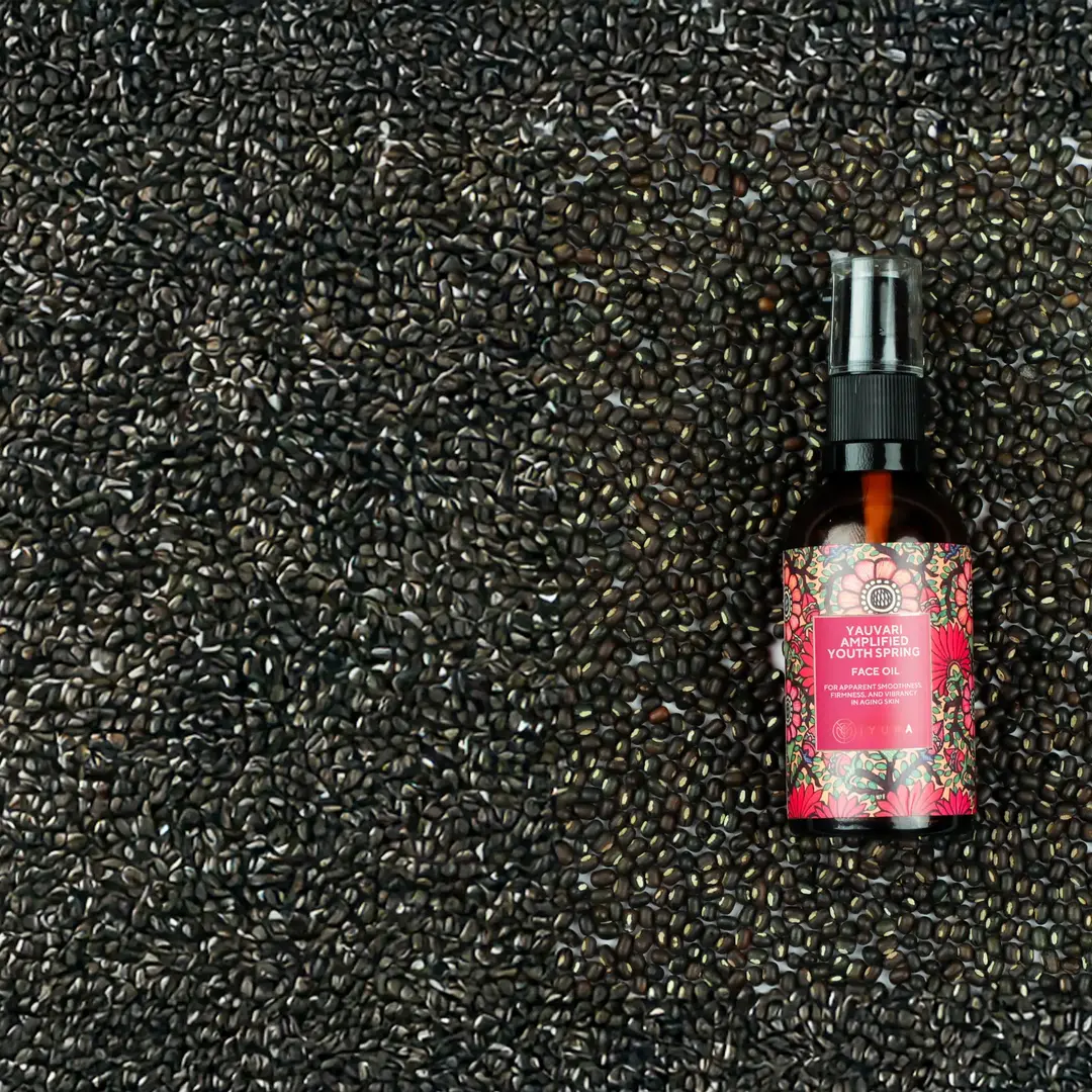 A bottle of Yauvari amplified youth spring kept over a layer of black gram.
