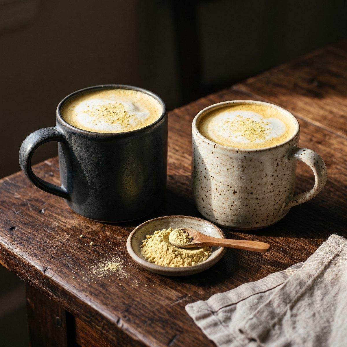 Two golden lattes topped with pine pollen powder
