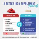 Comparison graphic: synthetic non heme iron supplements (like ferrous sulphate, ferrous gluconate, s. cerevisiae, bisglycinate) often cause cramps, constipation, nausea, stomach upset, and poor absorption, harsh on the body and hard to stick with. Iron Repair Simply is gentle on the stomach, highly absorbable, made from natural animal sourced iron , has no artificial ingredients, and is easy to take every day. As Dr. Mark Davis says, Iron Repair is a game changer in the fight against iron deficiency.