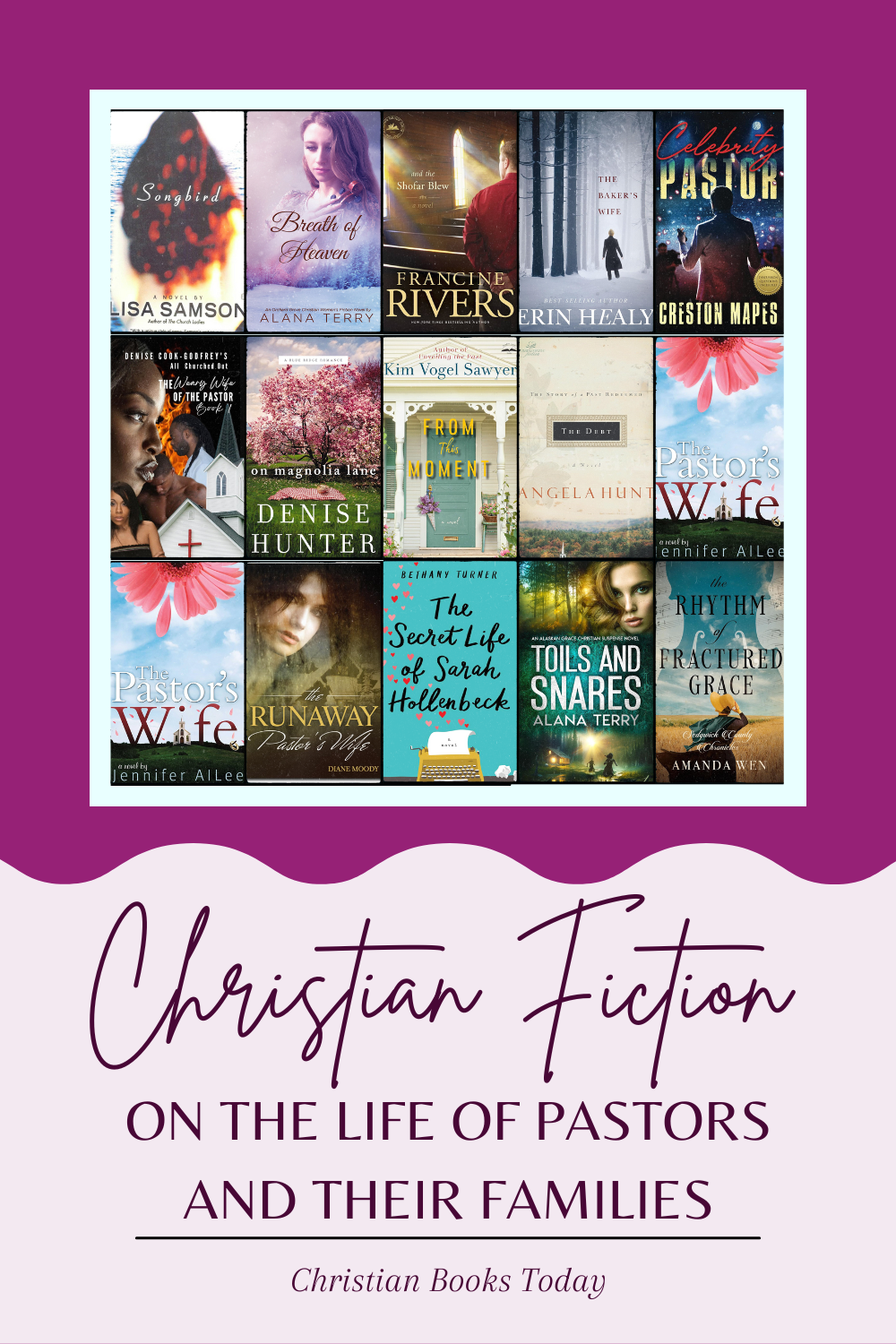 text says "Christian Fiction on the life of pastors and their families" with pictures of book covers