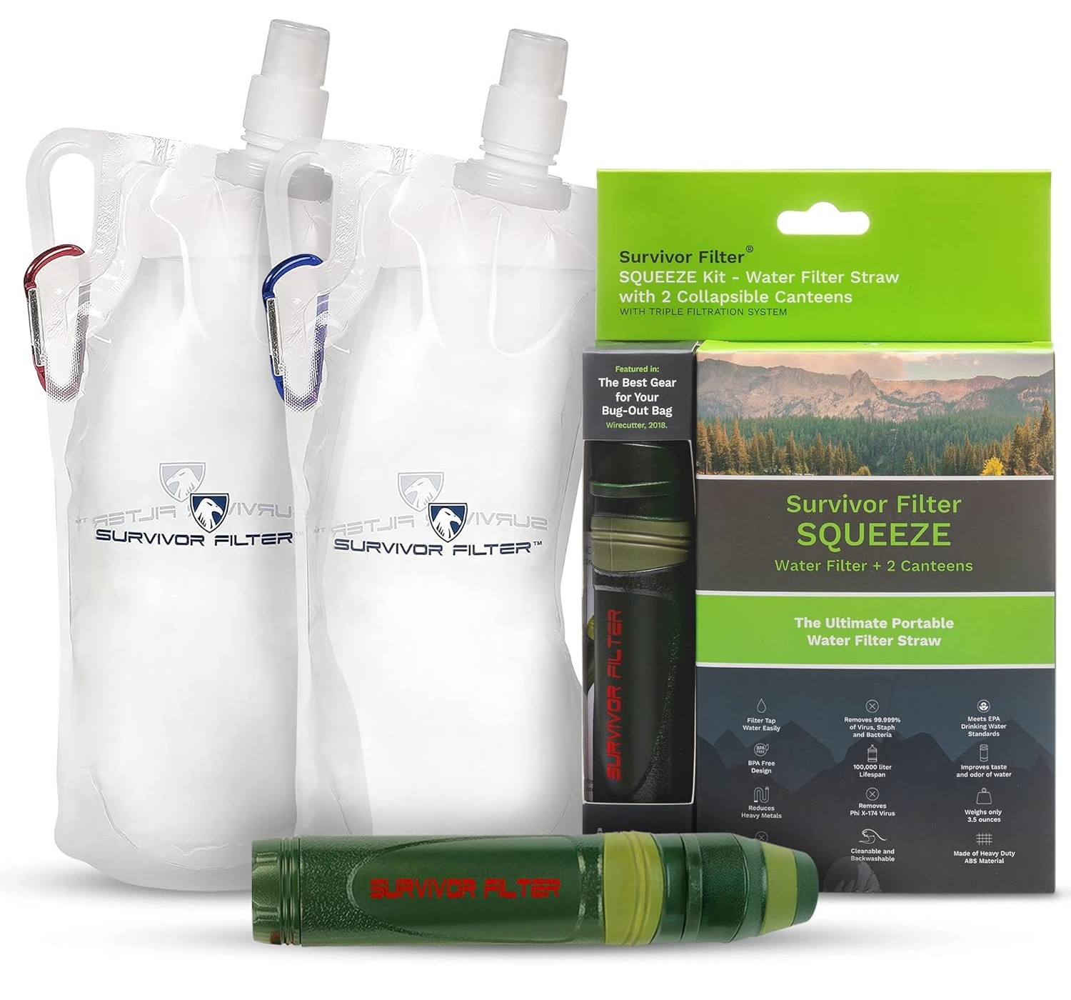 Survivor Filter Squeeze Kit - Water Purifier Survival Straw with Collapsible Water Bottle - Virus Tested Survival Straw with 3 Stage Filtration - Water Filter for Camping