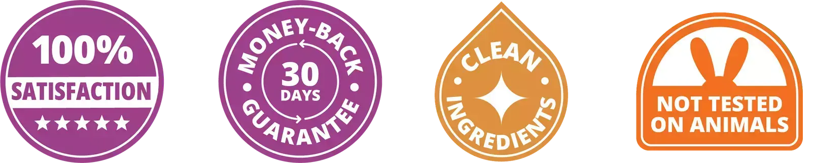 Icons for no added synthetic chemicals, not tested on animals, dermatologically tested, vegan