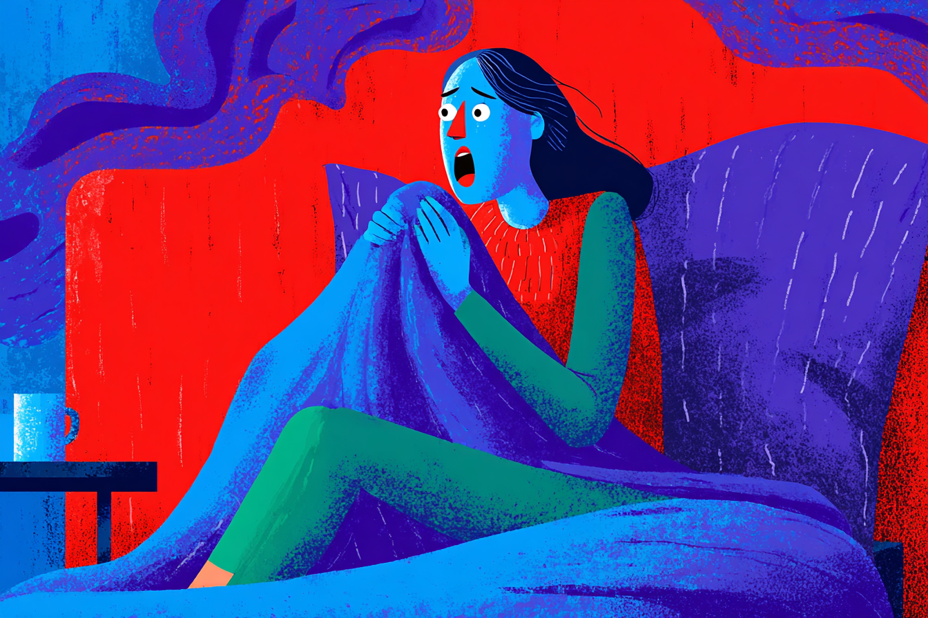 A woman sitting up in bed, experiencing an adult night terror.