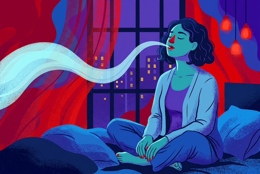 Woman sitting cross-legged on a bed doing 4-7-8 breathing for sleep, a pale cyan ribbon of breath flowing from her lips.
