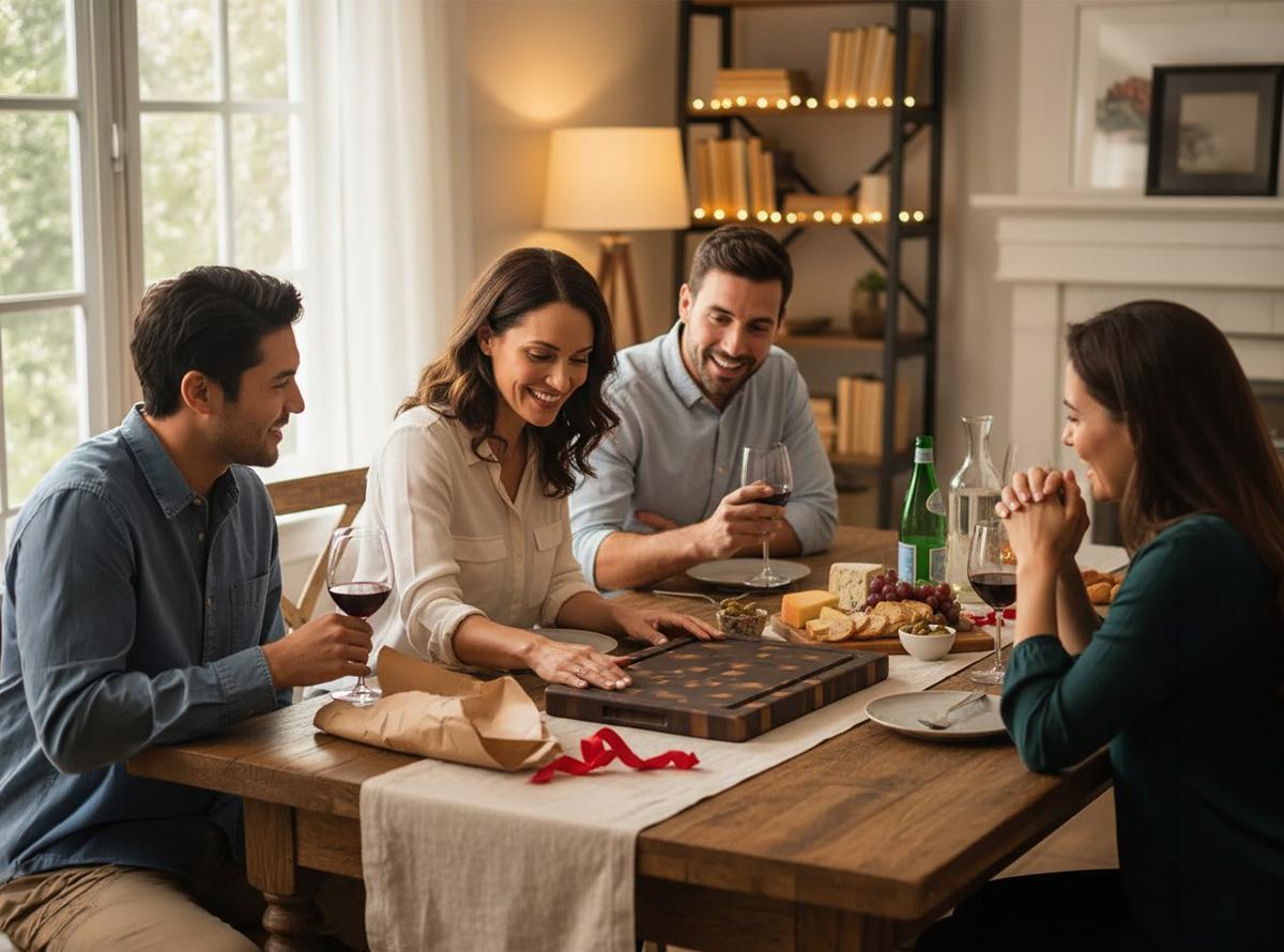 Friends giving a personalized live edge walnut charcuterie board as a housewarming gift