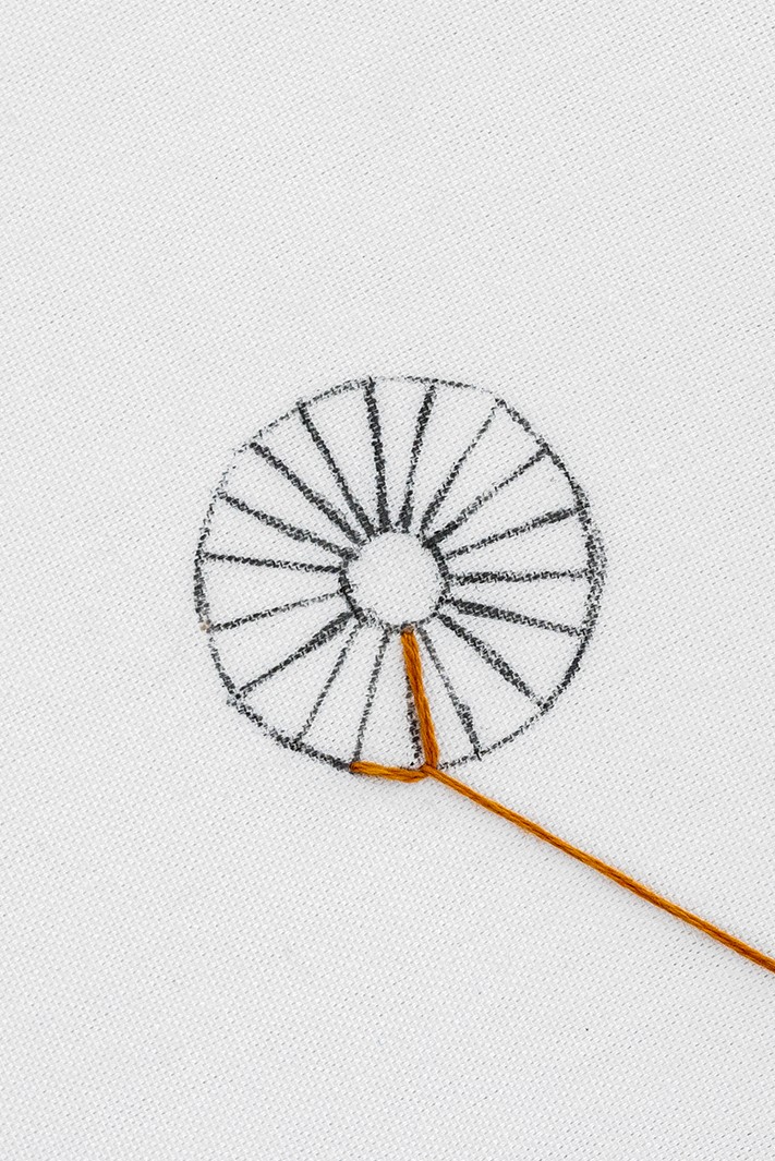 A thread stitches a buttonhole wheel shape.