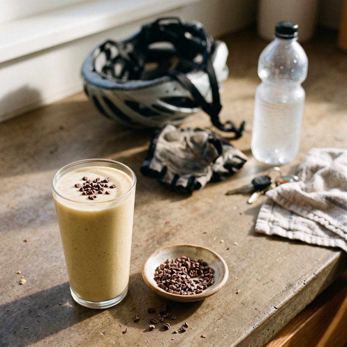 Banana smoothie topped with cacao nibs after a morning bike ride