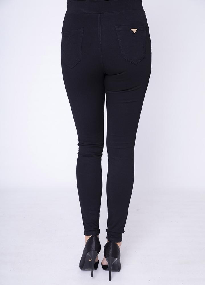Stretch Waist Leather Trim Trouser in Black