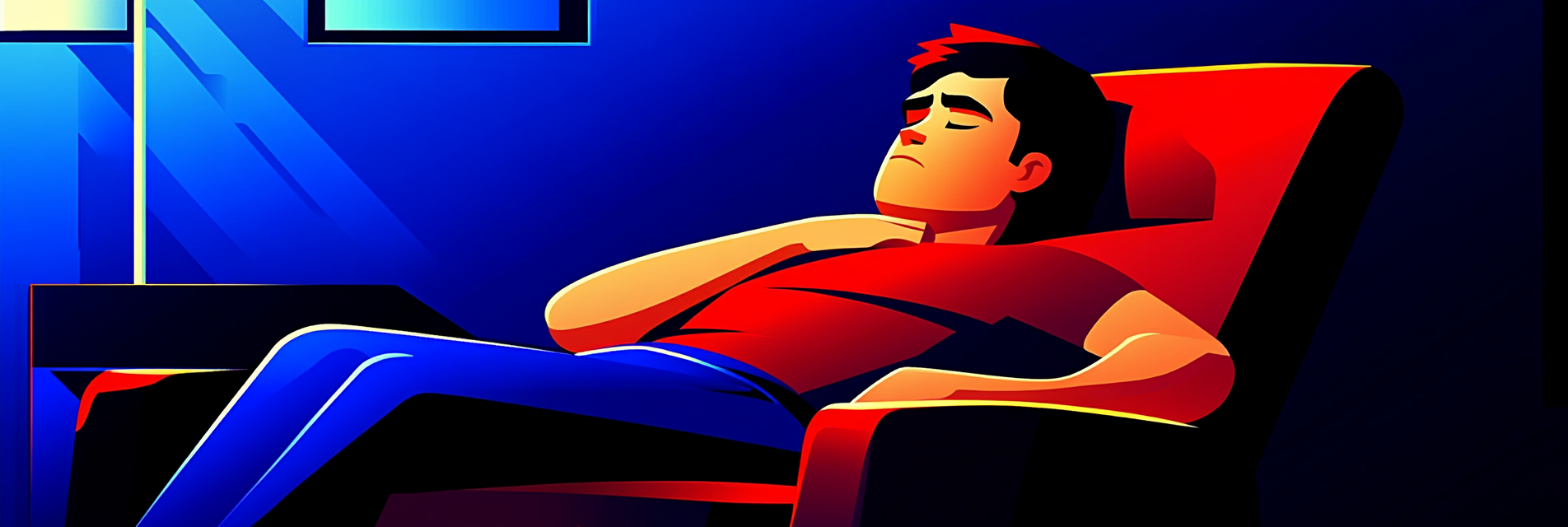 A man sitting on a reclining chair holding his aching neck.