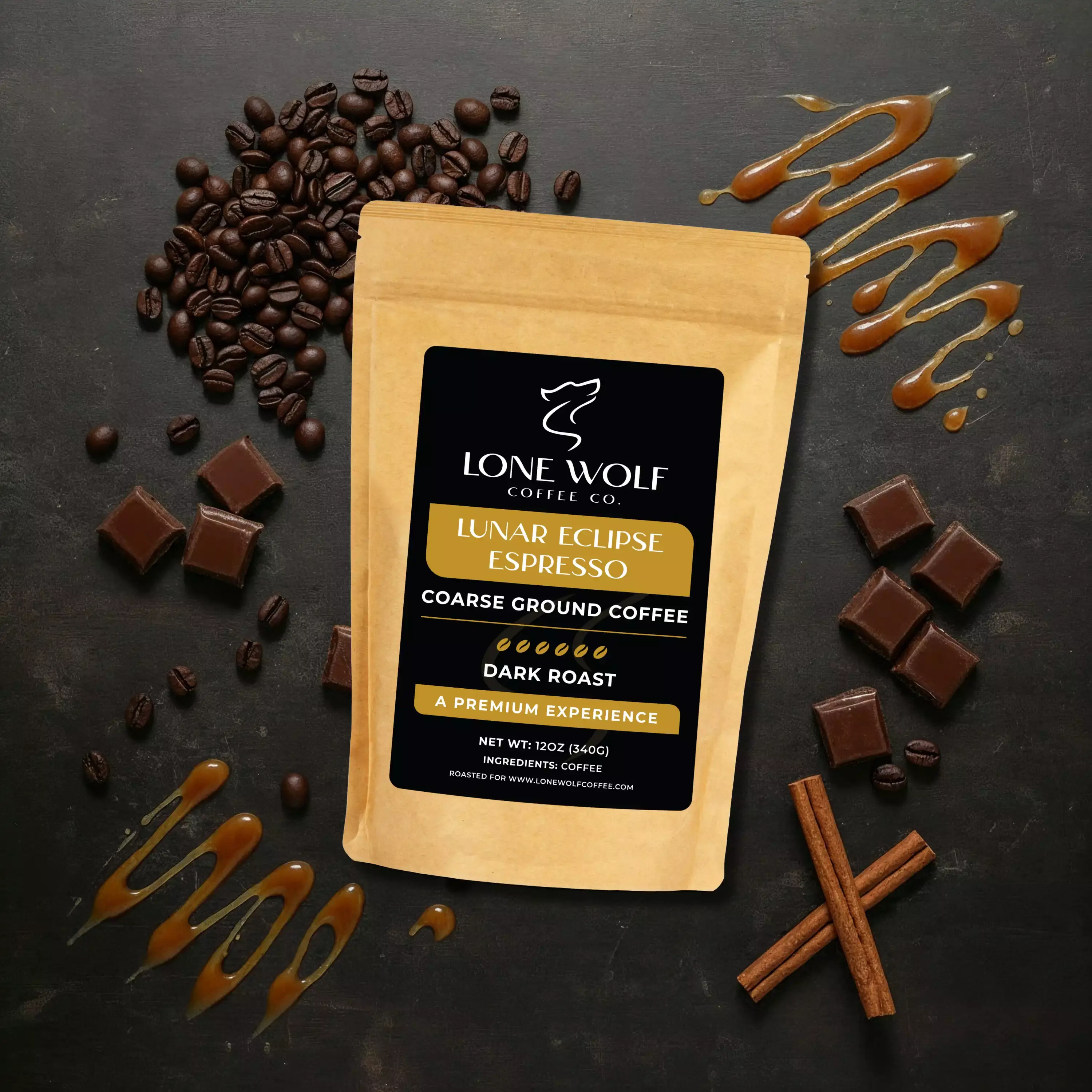 Lunar Eclipse Espresso coarse ground flavor profile image showing Lone Wolf Coffee with cacao, spice, and caramelized sugar.