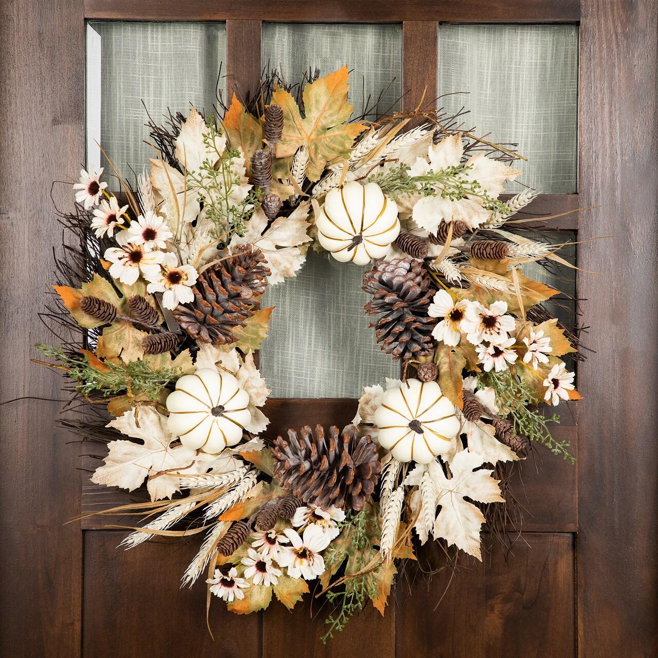Northlight Pumpkin, Wheat and Pinecone Artificial Floral Fall Harvest Wreath - 24"