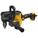 DeWalt FlexVolt 54V brushless right-angle drill shown on a white background featuring a black and yellow body, large side handle, keyed chuck, and rear handle with battery mount, for high-torque applications such as mixing or drilling large holes.