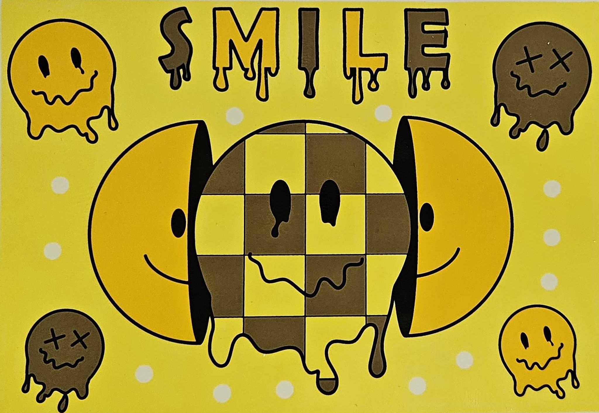 An uncut and unfired water-slide ceramic decal sheet from the Smile collection, showing the raw artwork before it is permanently kiln-fired onto Prism glass.