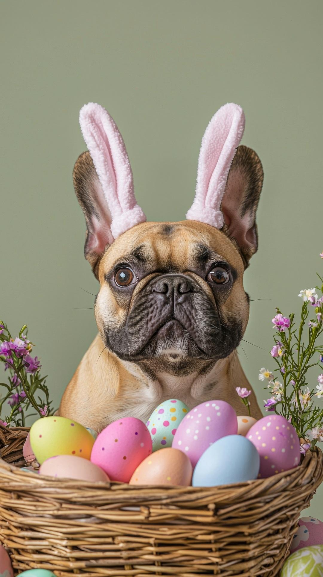 French Bulldog Wearing Bunny Ears Surrounded by Colorful Easter Eggs in Spring Basket