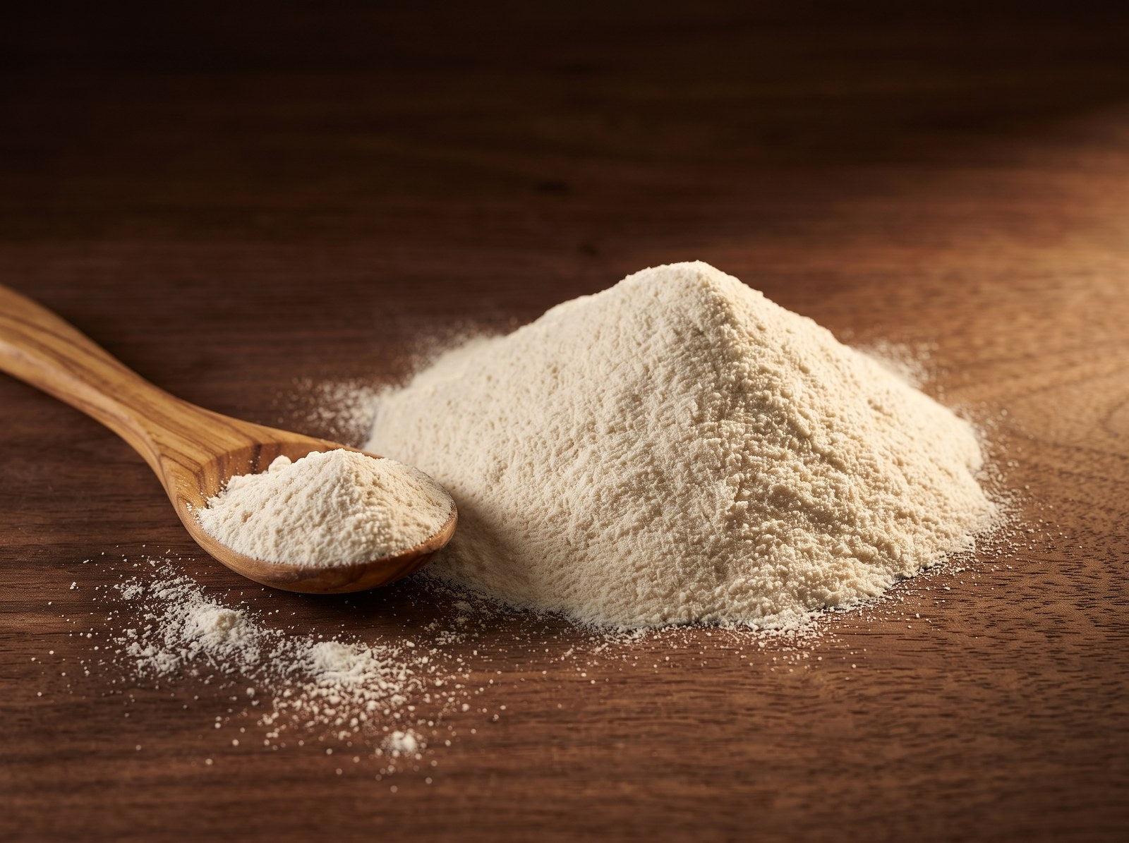 Fine, creamy off-white tremella mushroom powder with a wooden spoon