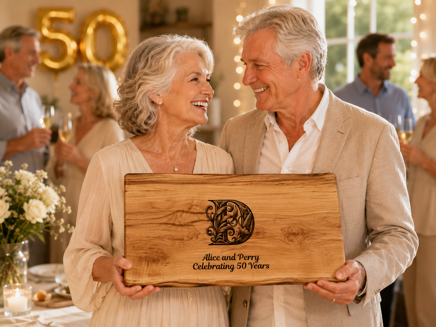 50th Anniversary celebration couple gifted personalized live edge charcuterie board with their names and celebrating 50 years engraved.
