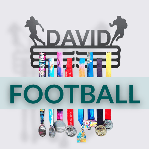 Personalized Football Medal Hanger in matte black steel with a custom name — Athlete's Gift Shop