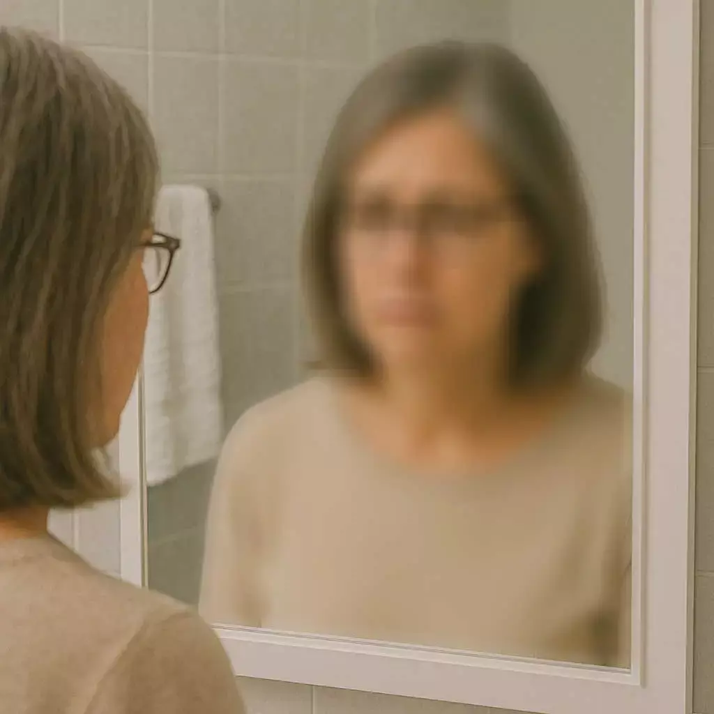 A lady looking at a blurred reflection of herself in a mirror